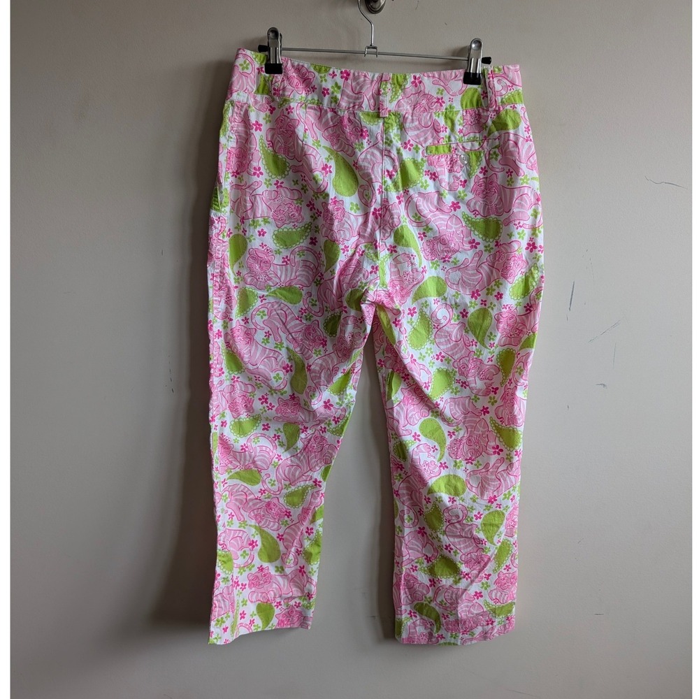 Lilly Pulitzer Pink Green Tiger Paisley Cropped Cards Pants Sz 6 Stretch Cotton - Picture 4 of 6